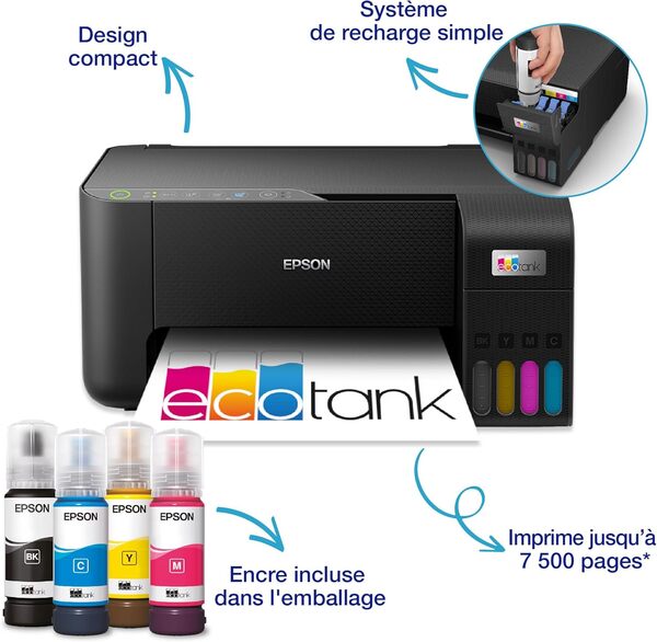 Imprimante sans fil EPSON EcoTank ET-2862 | Réservoirs d'encre haute capacité - Économisez jusqu'à 90% sur les coûts d'encre - Impression mobile, copie, numérisation - 3 ans d'encre inclus