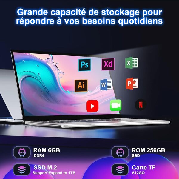 PC Portable 14" Win11 Pro - Processeur Celeron N4020, 6 Go RAM, 256 Go SSD, Extensible à 1 To - Batterie 5000mAh - AZERTY Français - Gris