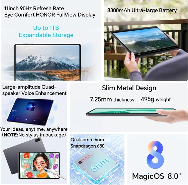 HONOR Pad X8A 4Go 128Go, Extensible à 1 TB, WiFi Tablette, Écran 11 Pouces 90Hz, Snapdragon 680, 4 Haut-parleurs, Batterie de 8300mAh, Corps en métal, Android 14, Google Service, Gris