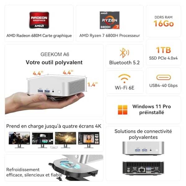 Découvrez notre test complet du mini PC Geekom A6 Ryzen 7. Performance, design épuré et efficacité énergétique pour un petit format puissant.