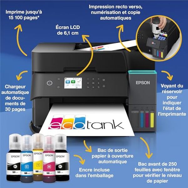 Découvrez notre test détaillé de l'imprimante Epson Ecotank ET-3950 : performance des réservoirs d'encre rechargeables, connectivité Wi-Fi et économies réalisées. Avis complet et conseils d'achat.